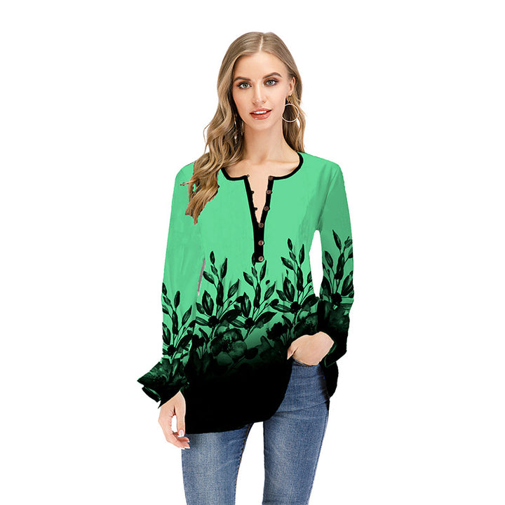 Women's Loose Long Sleeve Tunic Shirt with Henley Button Placket and Floral Ombre Print Mune Fashion