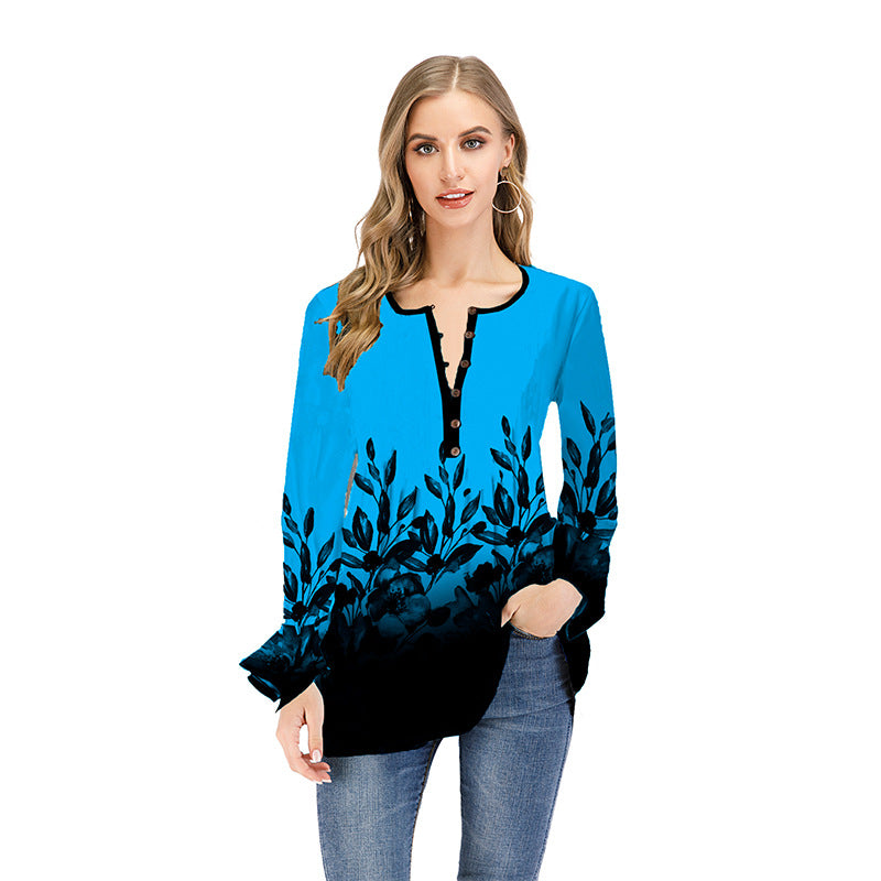 Women's Loose Long Sleeve Tunic Shirt with Henley Button Placket and Floral Ombre Print Mune Fashion