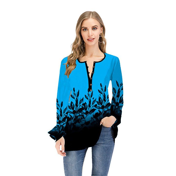 Women's Loose Long Sleeve Tunic Shirt with Henley Button Placket and Floral Ombre Print Mune Fashion