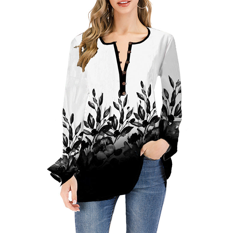 Women's Loose Long Sleeve Tunic Shirt with Henley Button Placket and Floral Ombre Print Mune Fashion