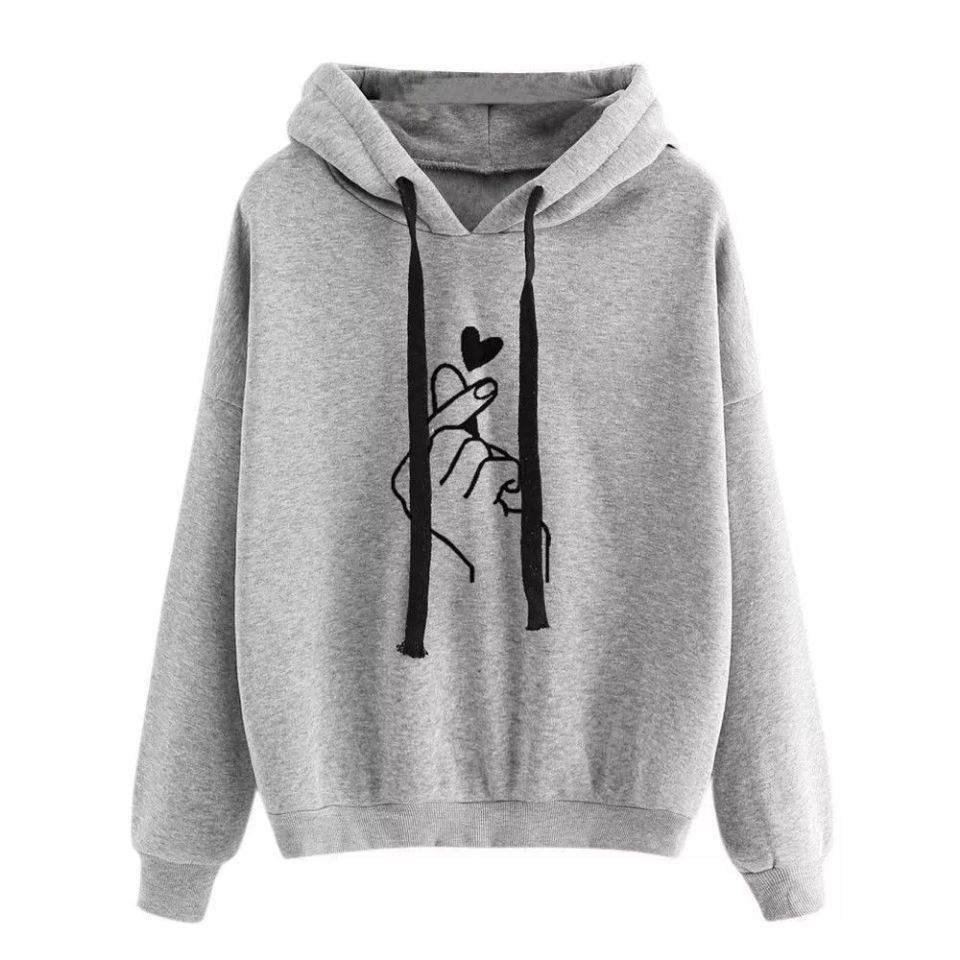 Women Oversized Hoodie with Finger Heart Print and Drawstring Mune Fashion