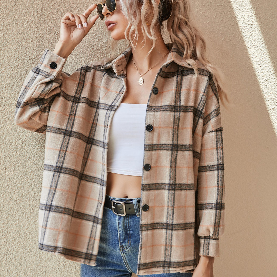 Women Oversized Checked Shirt Jacket Made of Brushed Flannel with Button Placket Mune Fashion