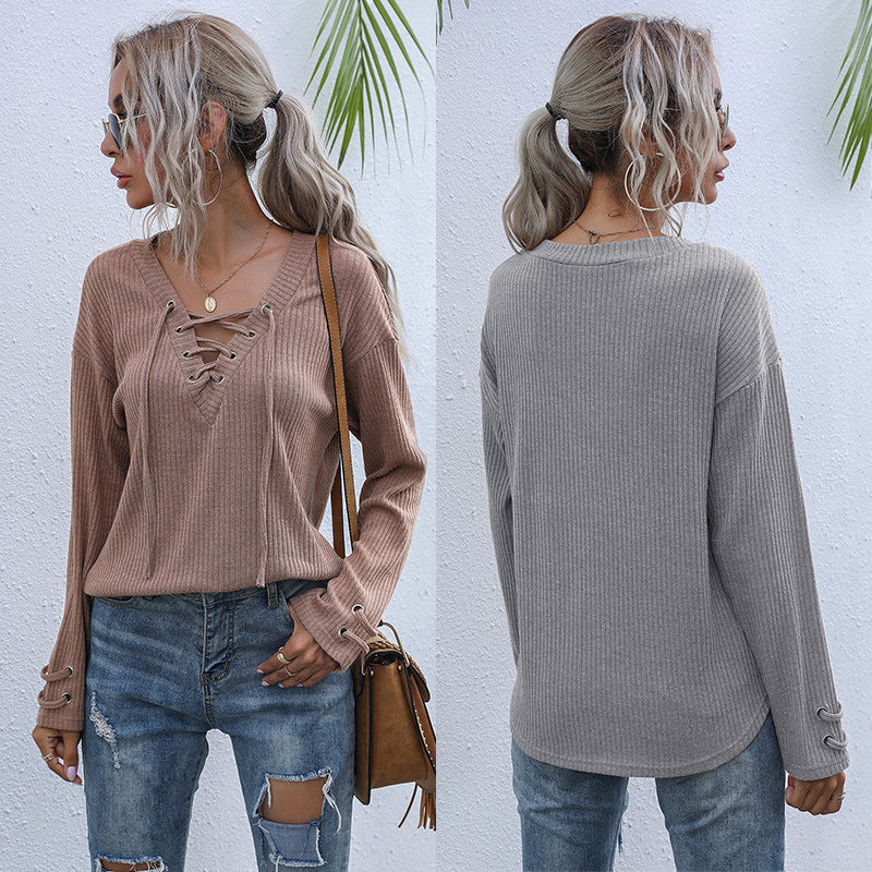 Women's Ribbed V-Neck Sweater with Lacing Detail and Loose Fit Mune Fashion