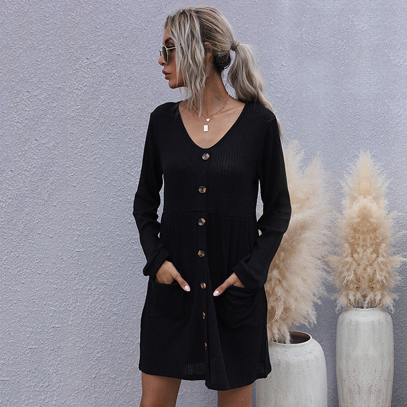 Women Ribbed Knit Dress with V-Neck, Button Placket and Patch Pockets Mune Fashion
