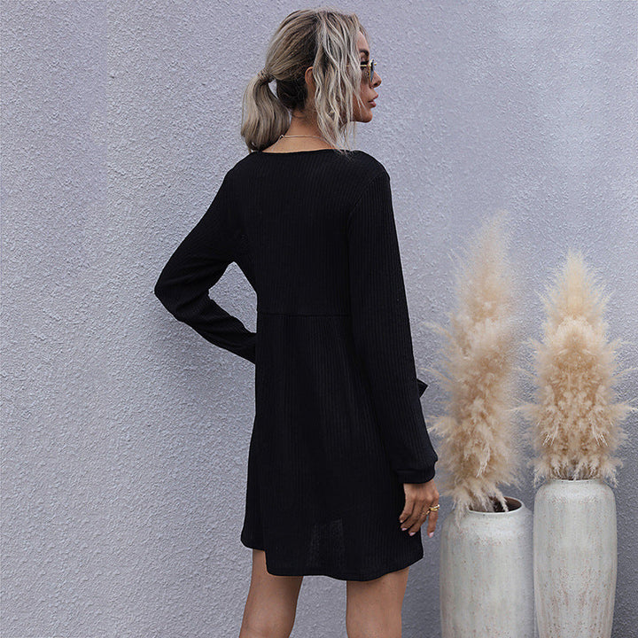 Women Ribbed Knit Dress with V-Neck, Button Placket and Patch Pockets Mune Fashion