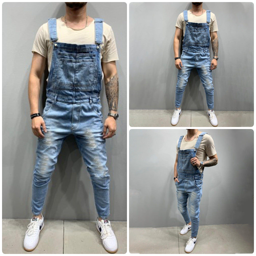 Men's denim overalls with destroyed details