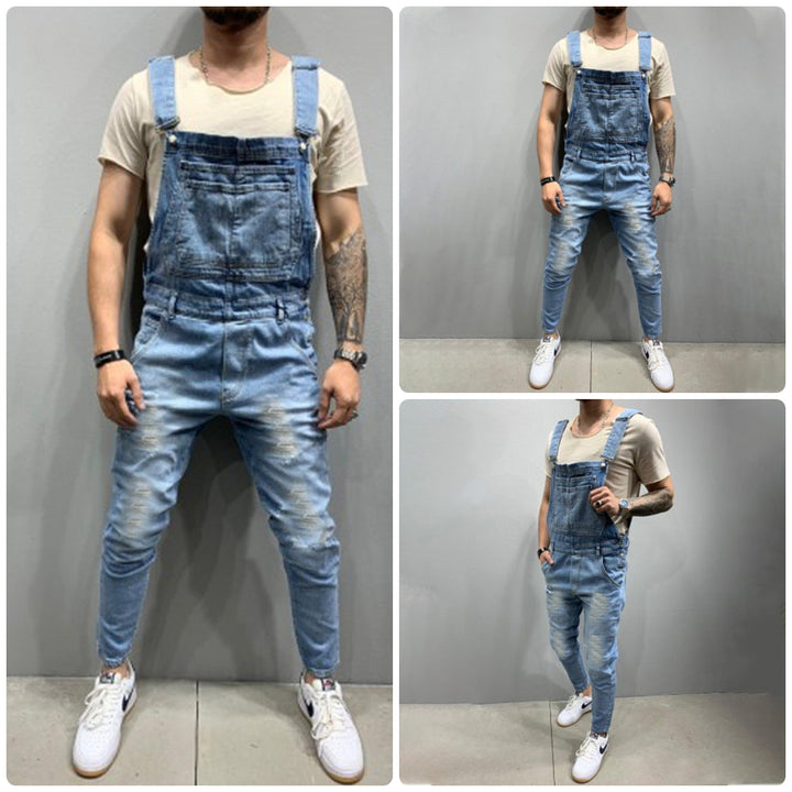 Men's denim overalls with destroyed details