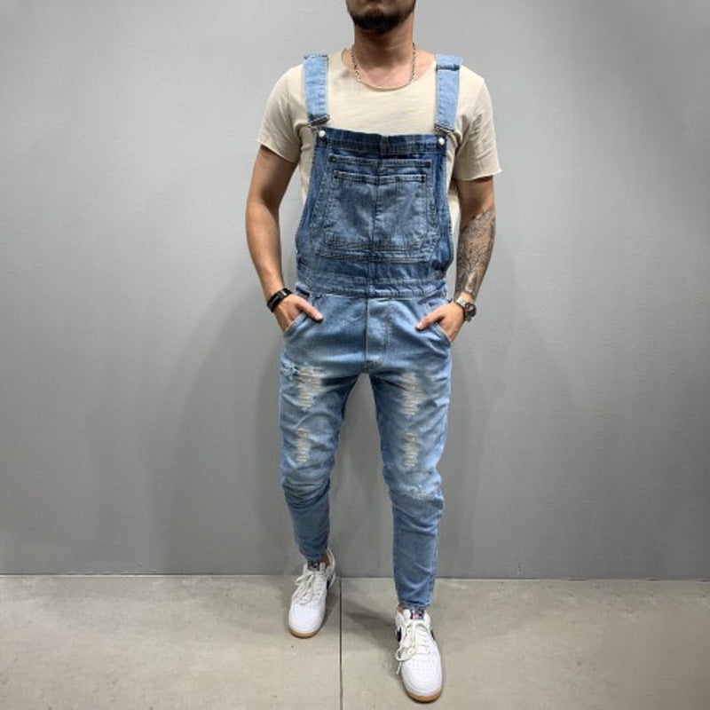 Men's denim overalls with destroyed details