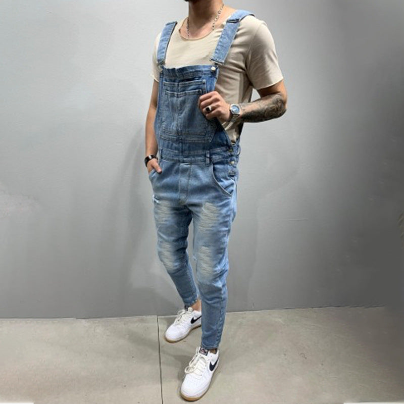 Men's denim overalls with destroyed details