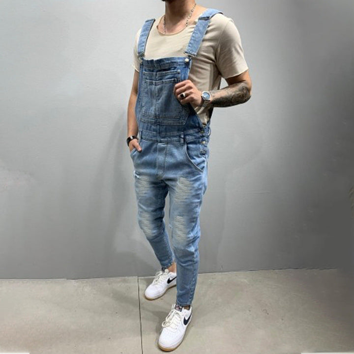 Men's denim overalls with destroyed details