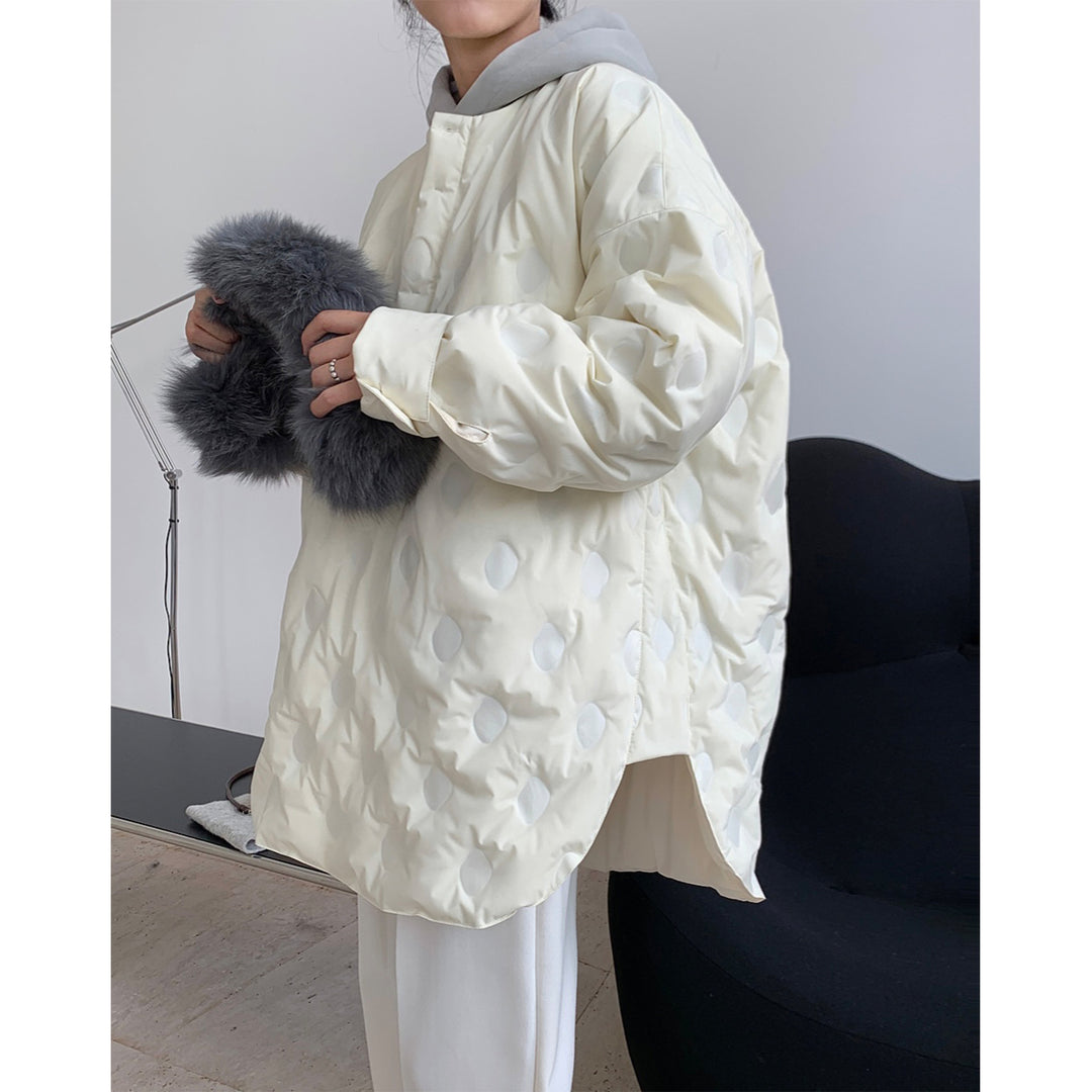 Women’s Oversized Quilted Jacket Without Collar with Round Neckline and Light Padding Mune Fashion