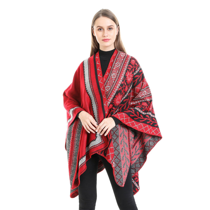 Women's Oversize Ruana Poncho with Ornament Jacquard and Crocheted Slip Stitch Mune Fashion