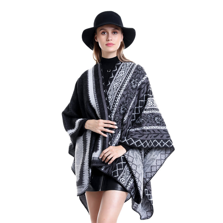 Women's Oversize Ruana Poncho with Ornament Jacquard and Crocheted Slip Stitch Mune Fashion