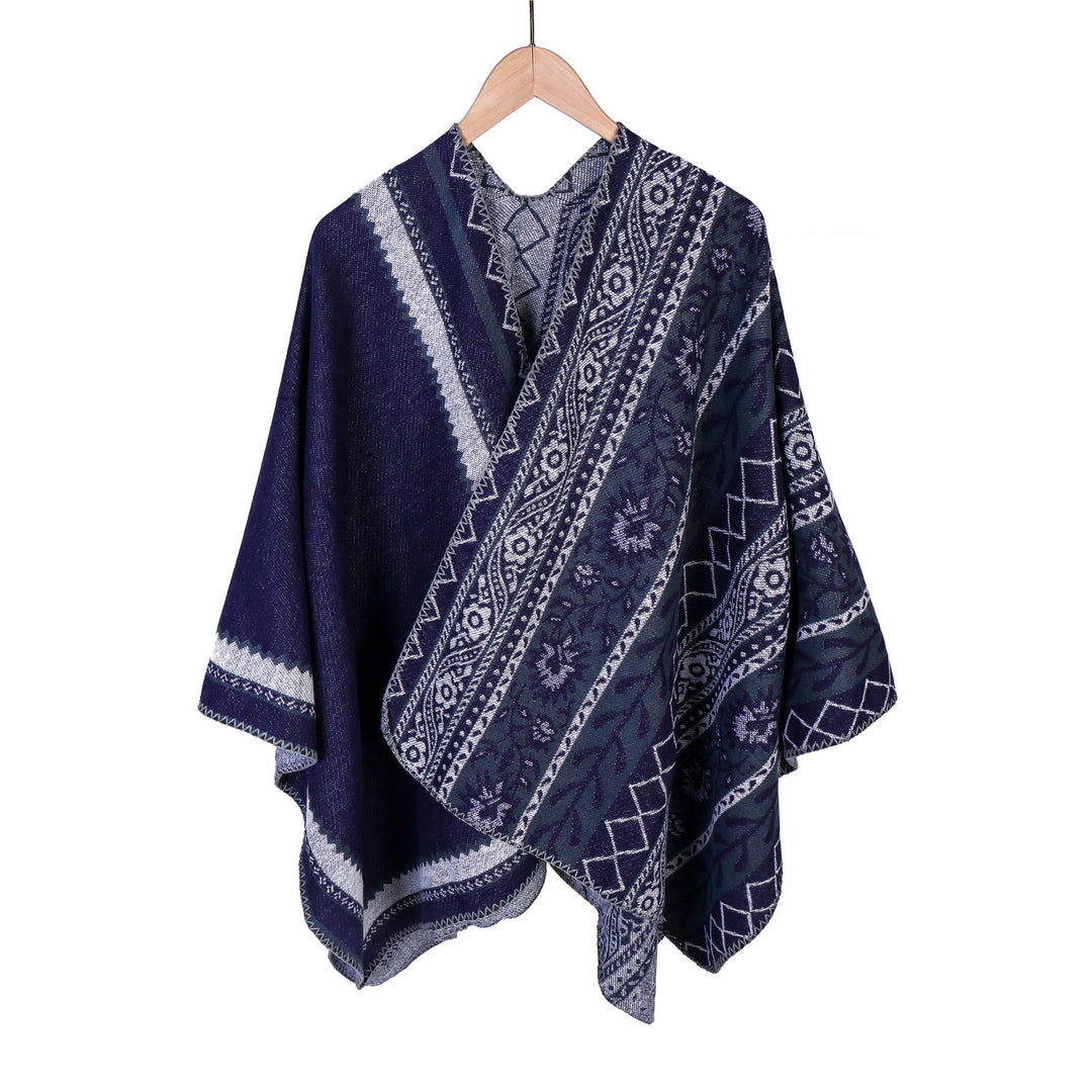 Women's Oversize Ruana Poncho with Ornament Jacquard and Crocheted Slip Stitch Mune Fashion