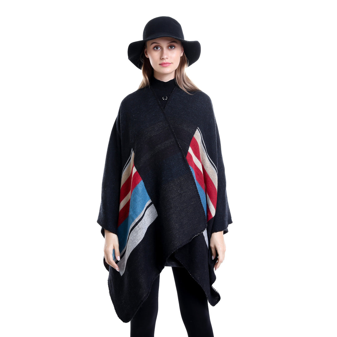 Women's Striped Wool Blend Ruana with Open Fall and Decorative Stitch Mune Fashion