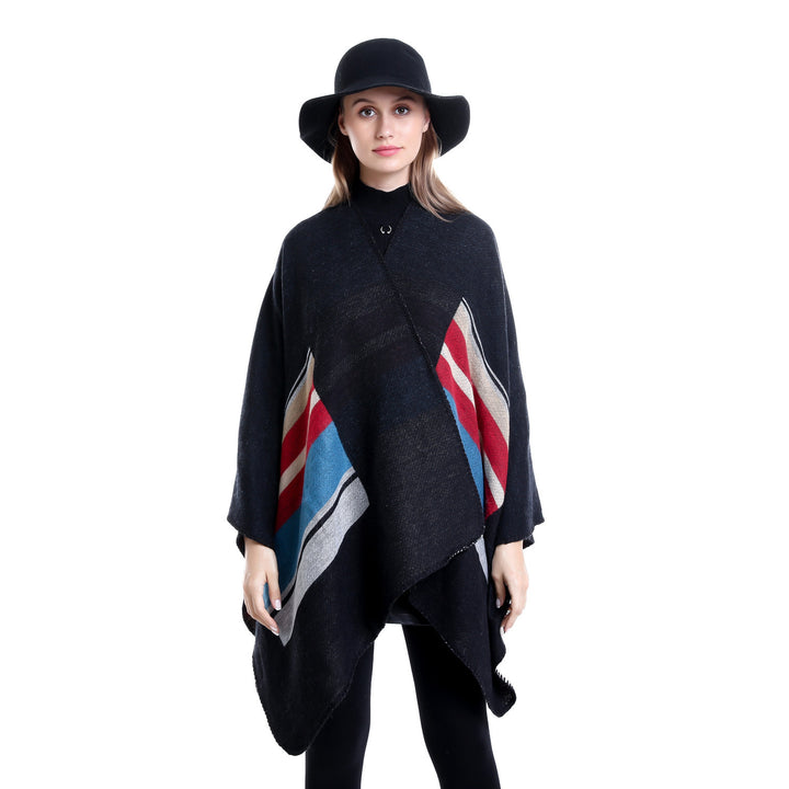 Women's Striped Wool Blend Ruana with Open Fall and Decorative Stitch Mune Fashion