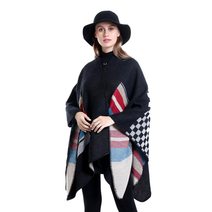 Women's Striped Wool Blend Ruana with Open Fall and Decorative Stitch Mune Fashion