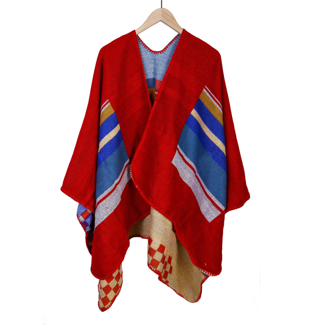 Women's Striped Wool Blend Ruana with Open Fall and Decorative Stitch Mune Fashion