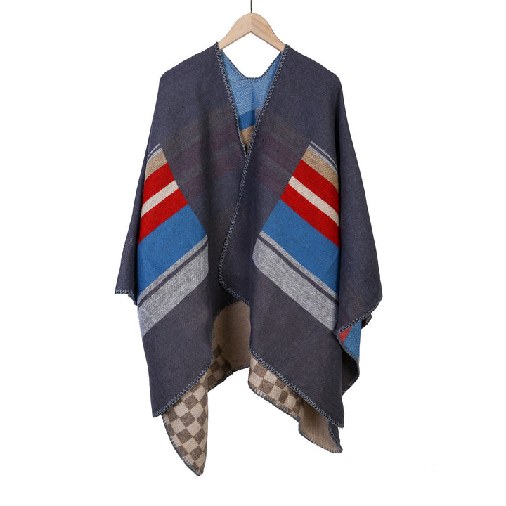 Women's Striped Wool Blend Ruana with Open Fall and Decorative Stitch Mune Fashion