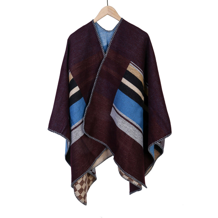 Women's Striped Wool Blend Ruana with Open Fall and Decorative Stitch Mune Fashion