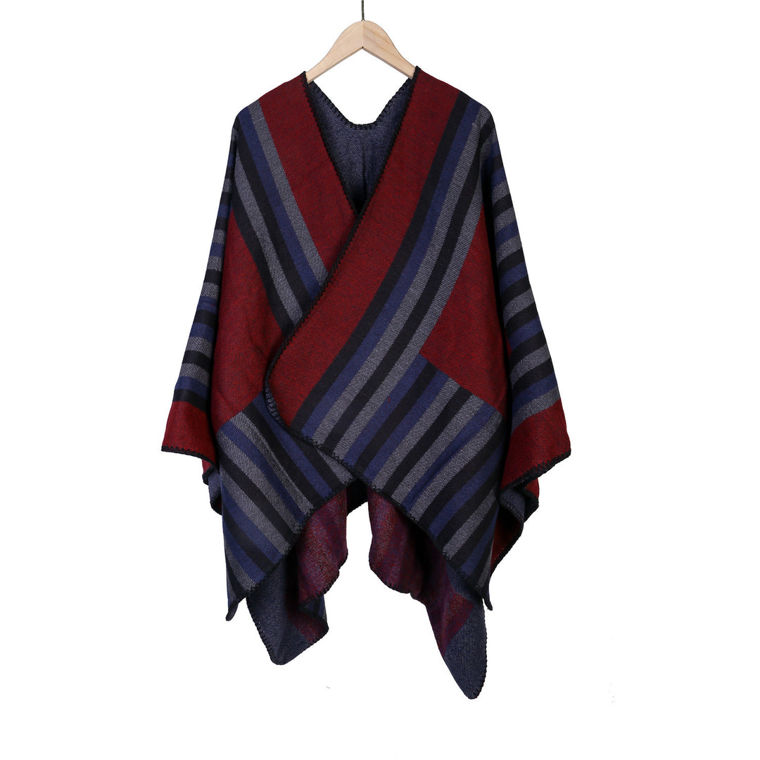 Ladies reversible friendly ruana in oversized with diagonal block stripes and decorative trim edge Mune Fashion