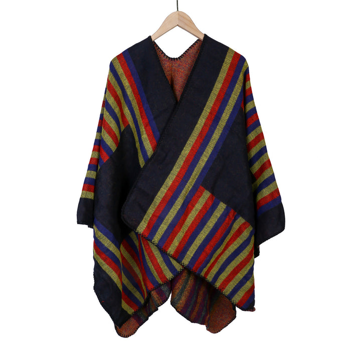 Ladies reversible friendly ruana in oversized with diagonal block stripes and decorative trim edge Mune Fashion