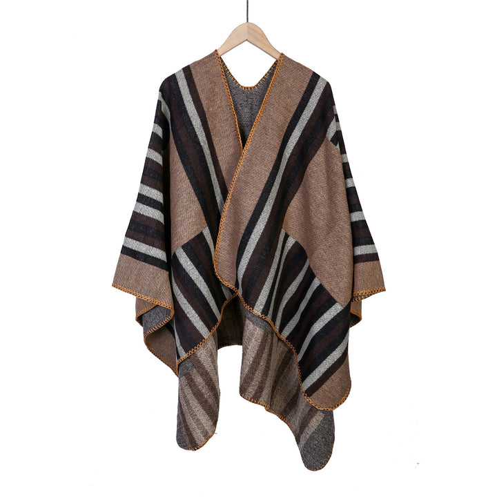 Ladies reversible friendly ruana in oversized with diagonal block stripes and decorative trim edge Mune Fashion