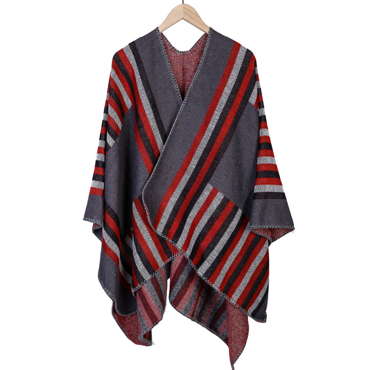 Ladies reversible friendly ruana in oversized with diagonal block stripes and decorative trim edge Mune Fashion