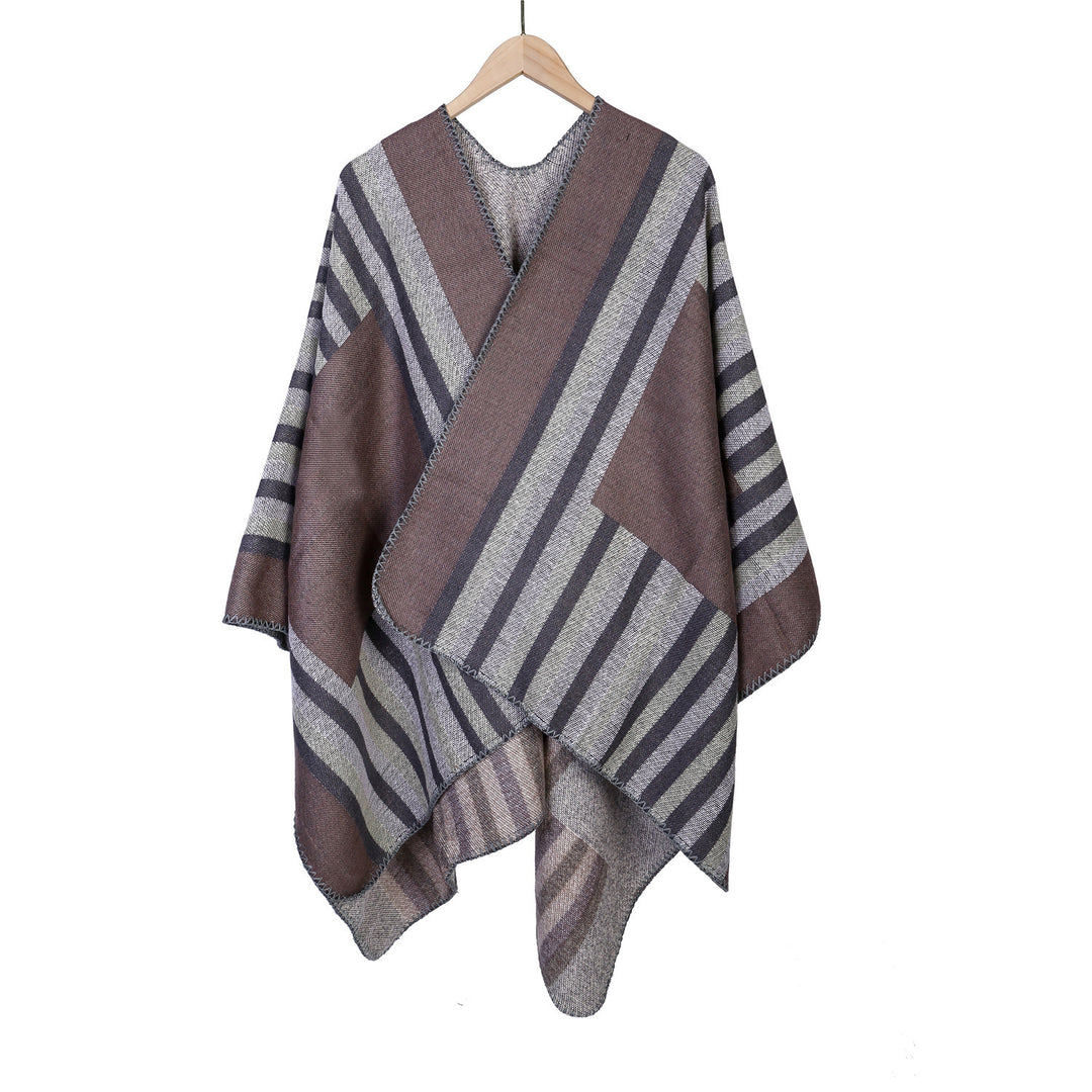 Ladies reversible friendly ruana in oversized with diagonal block stripes and decorative trim edge Mune Fashion