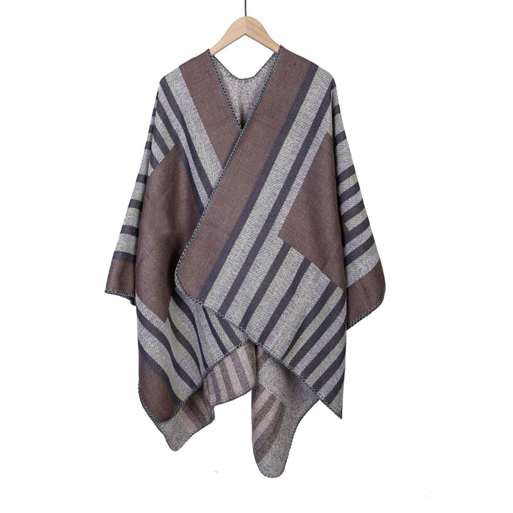Ladies reversible friendly ruana in oversized with diagonal block stripes and decorative trim edge Mune Fashion