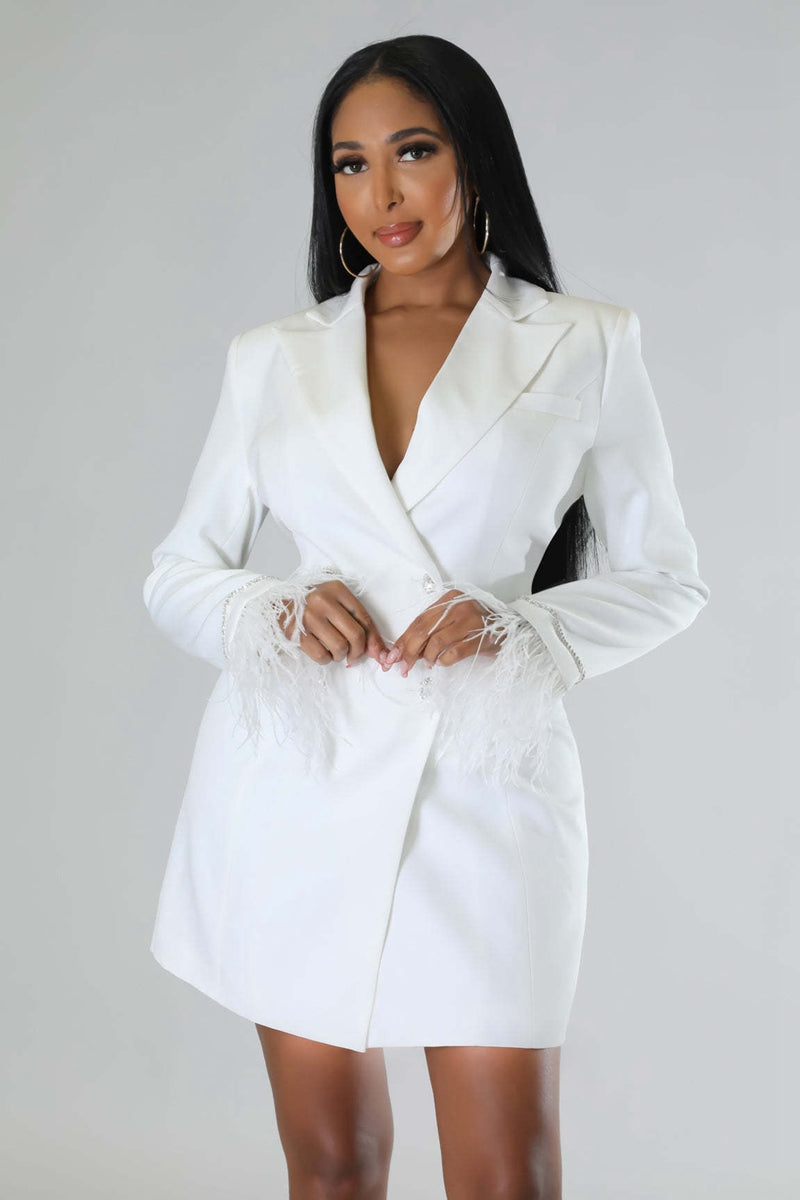 Mune | White Blazer Dress with Feathered Sleeves