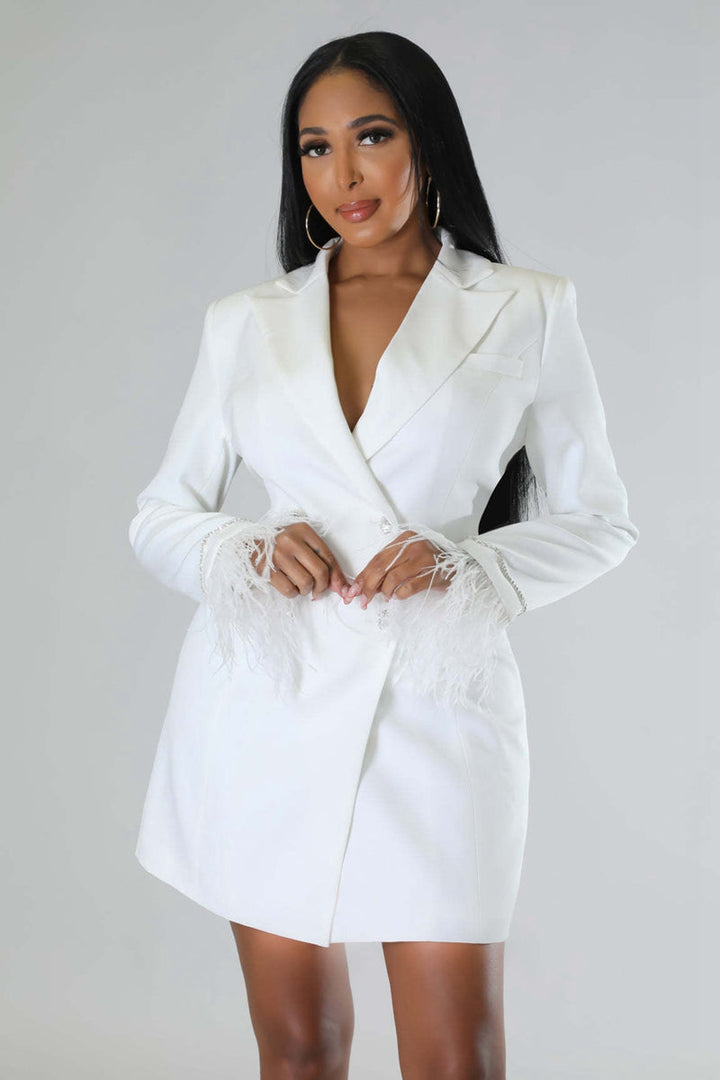 Mune | White Blazer Dress with Feathered Sleeves