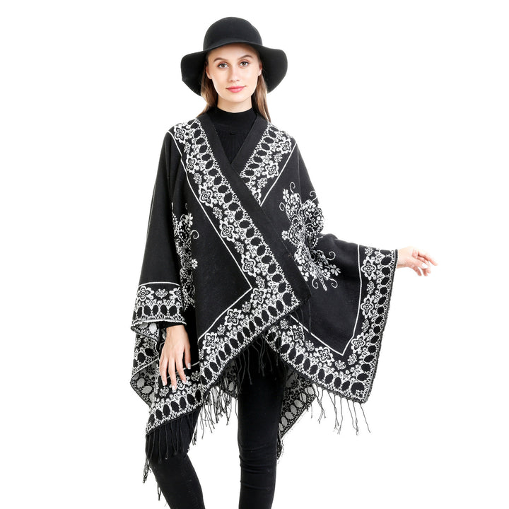 Women's Jacquard Poncho in Kimono Cut with Fringe Hem Mune Fashion