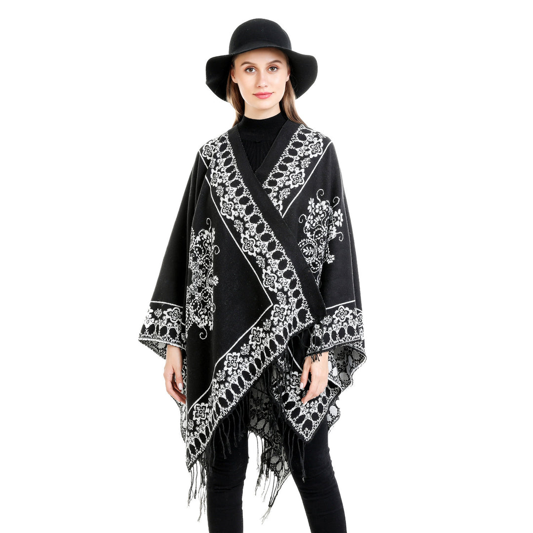 Women's Jacquard Poncho in Kimono Cut with Fringe Hem Mune Fashion