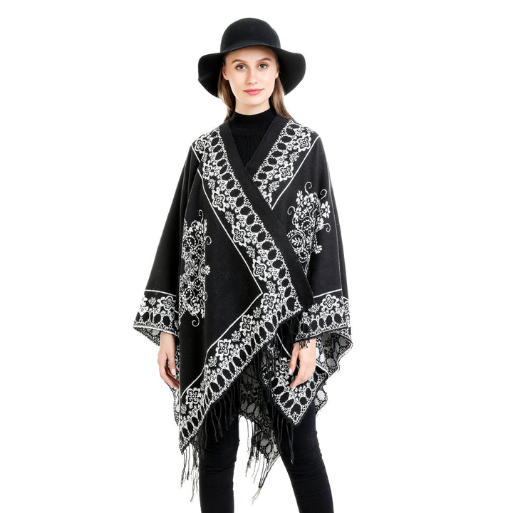 Women's Jacquard Poncho in Kimono Cut with Fringe Hem Mune Fashion
