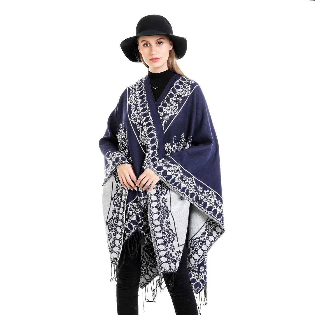 Women's Jacquard Poncho in Kimono Cut with Fringe Hem Mune Fashion