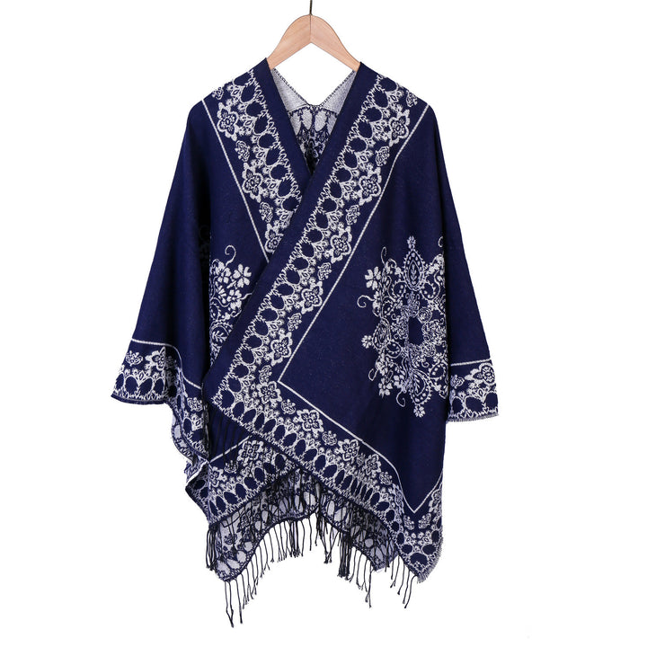 Women's Jacquard Poncho in Kimono Cut with Fringe Hem Mune Fashion