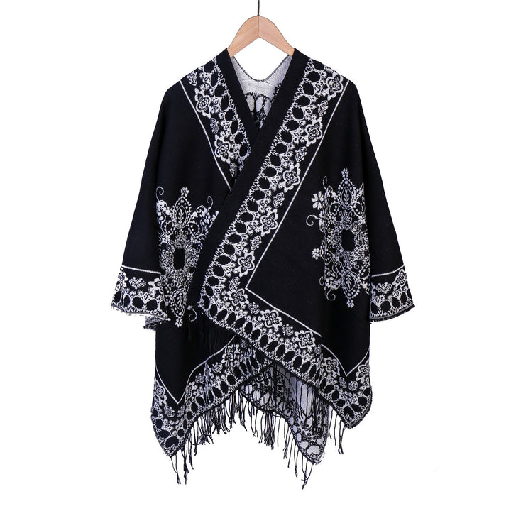 Women's Jacquard Poncho in Kimono Cut with Fringe Hem Mune Fashion
