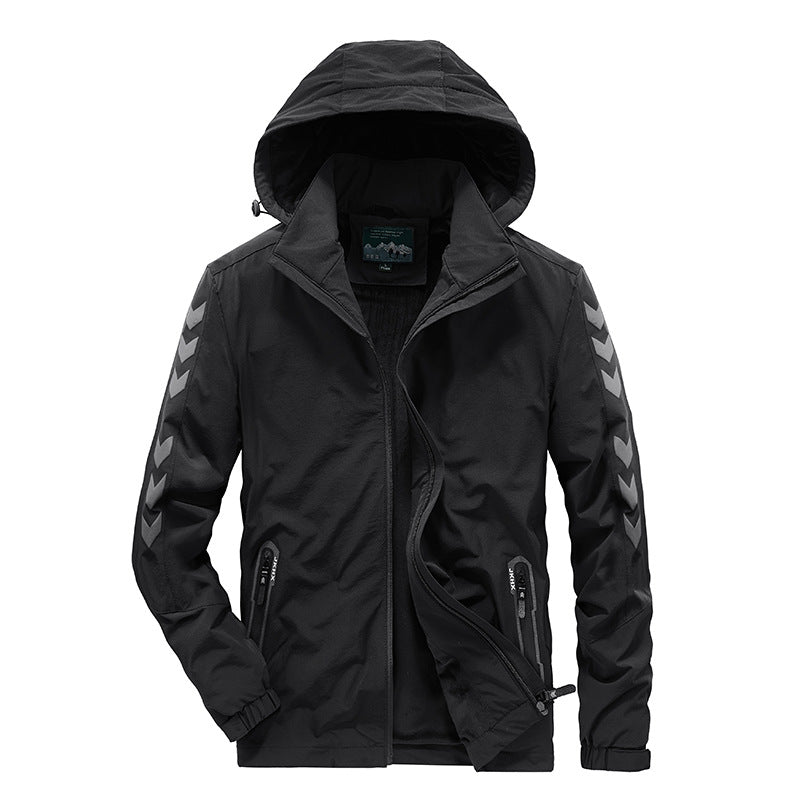 Men's water-repellent softshell jacket with hood, reflective chevron stripes and zippered pockets Mune Fashion