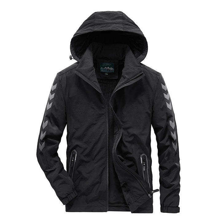 Men's water-repellent softshell jacket with hood, reflective chevron stripes and zippered pockets Mune Fashion