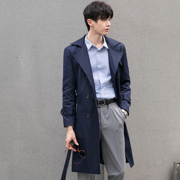 Men's elegant fitted trench coat with double button placket and tie belt Mune Fashion