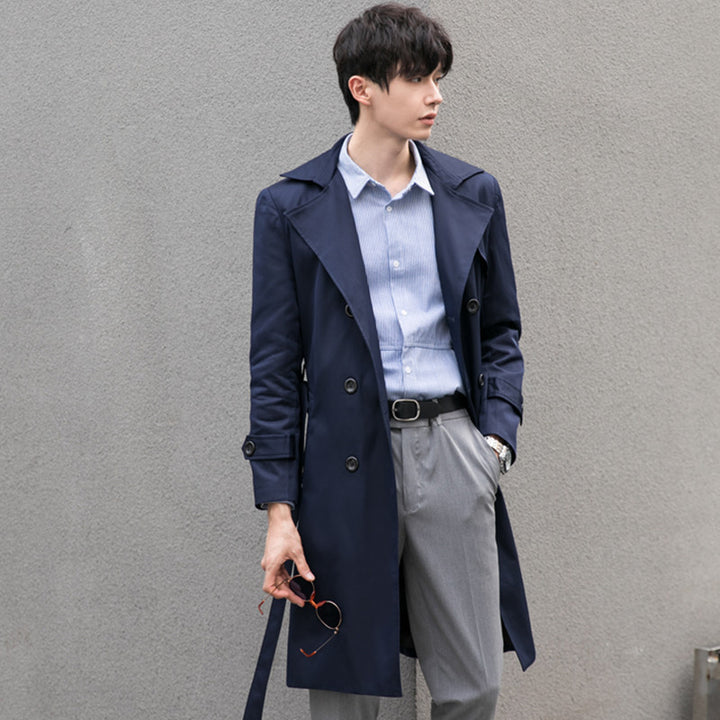 Men's elegant fitted trench coat with double button placket and tie belt Mune Fashion