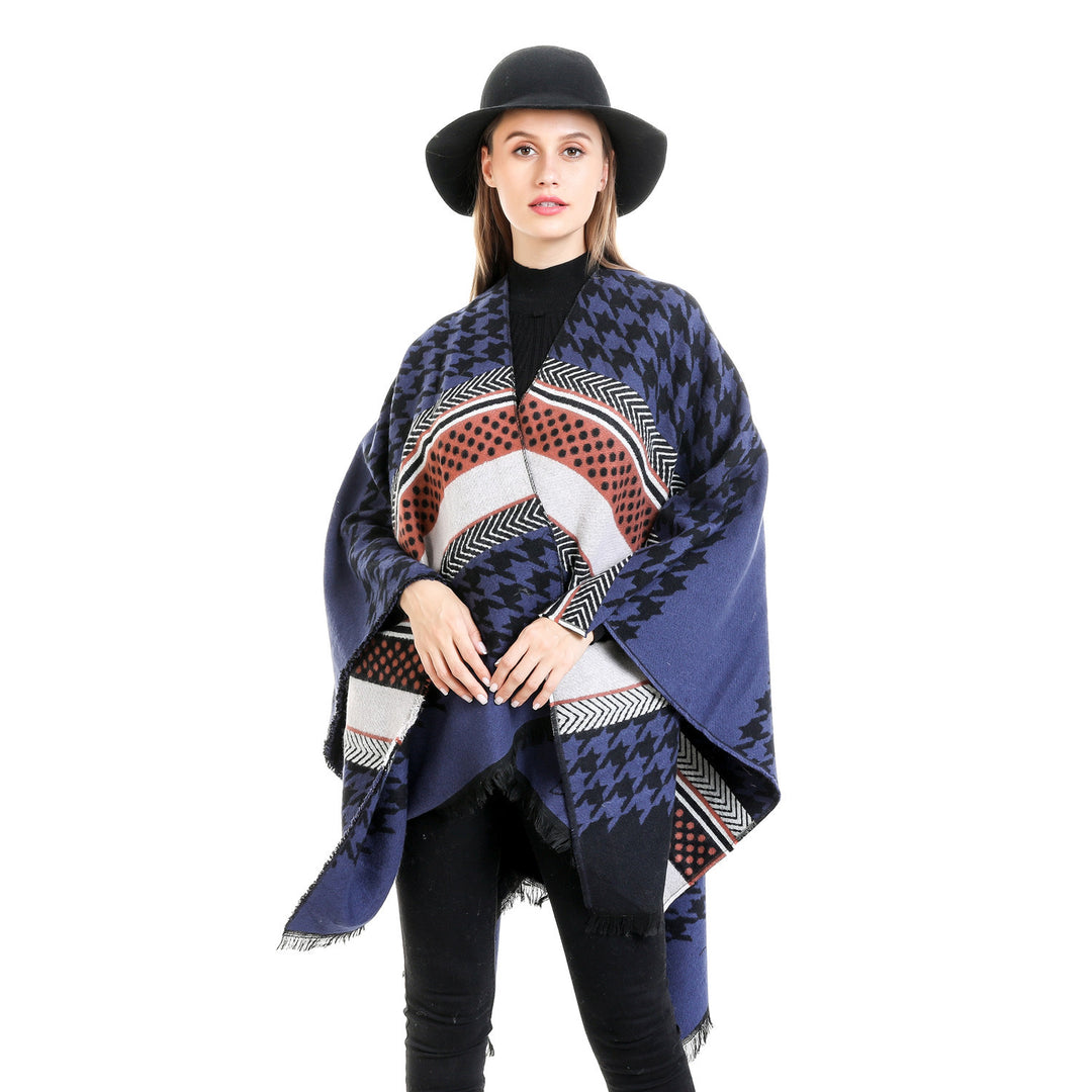 Women's Oversize Ruana with Houndstooth Jacquard and Fringe Hem Mune Fashion
