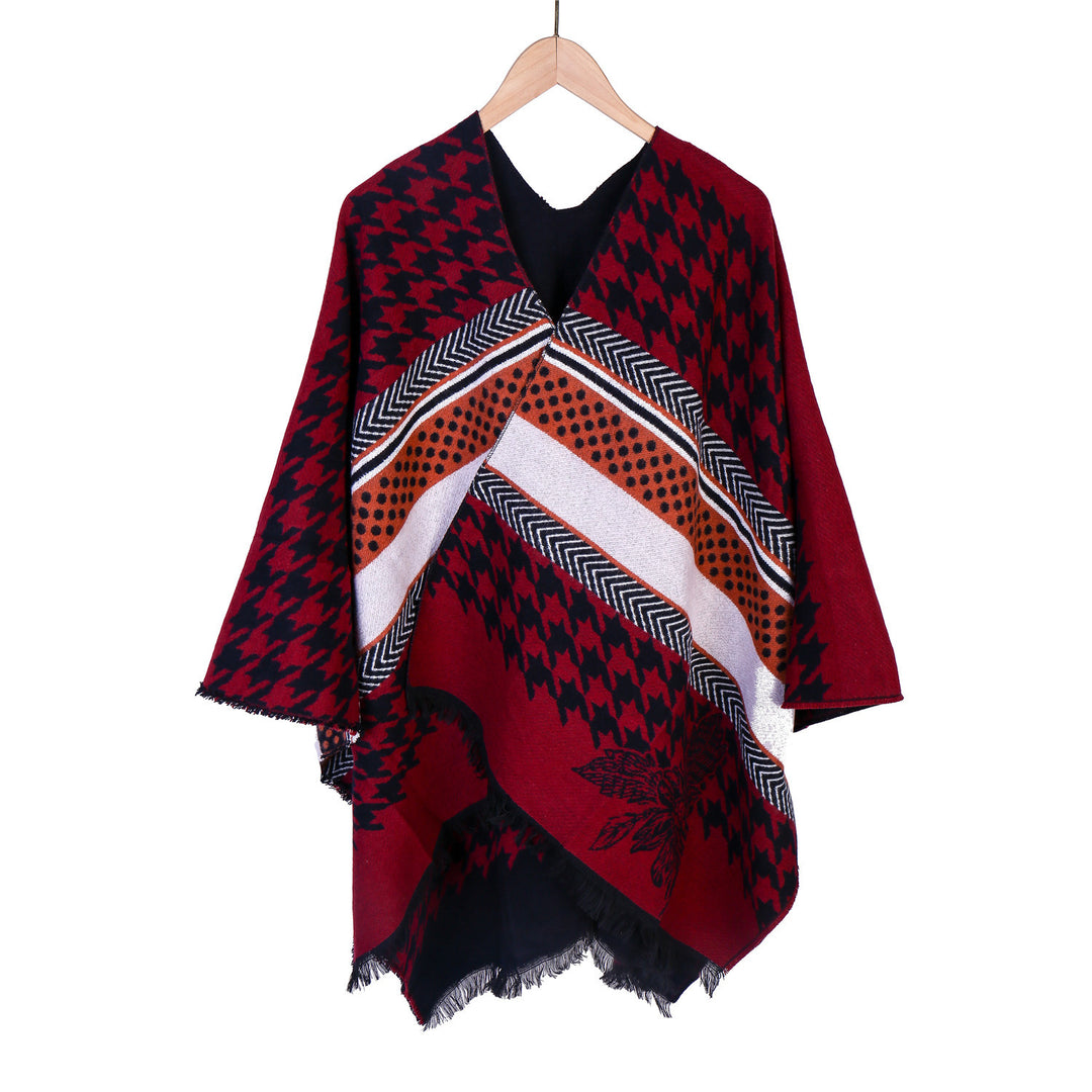 Women's Oversize Ruana with Houndstooth Jacquard and Fringe Hem Mune Fashion