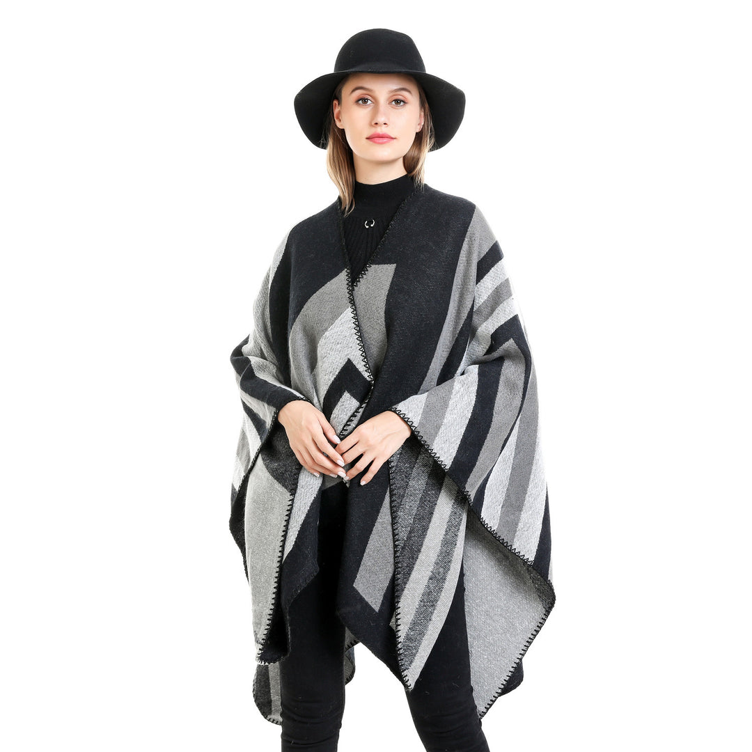Women's Oversize Ruana with graphic block pattern and decorative overlock seam Mune Fashion