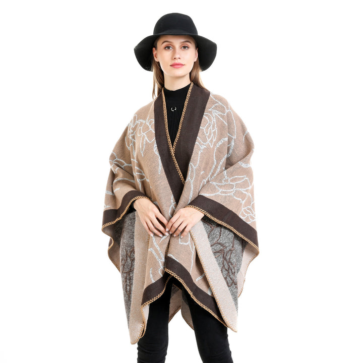 Women Oversize Knit Ruana with Floral Contrast Embroidery Mune Fashion