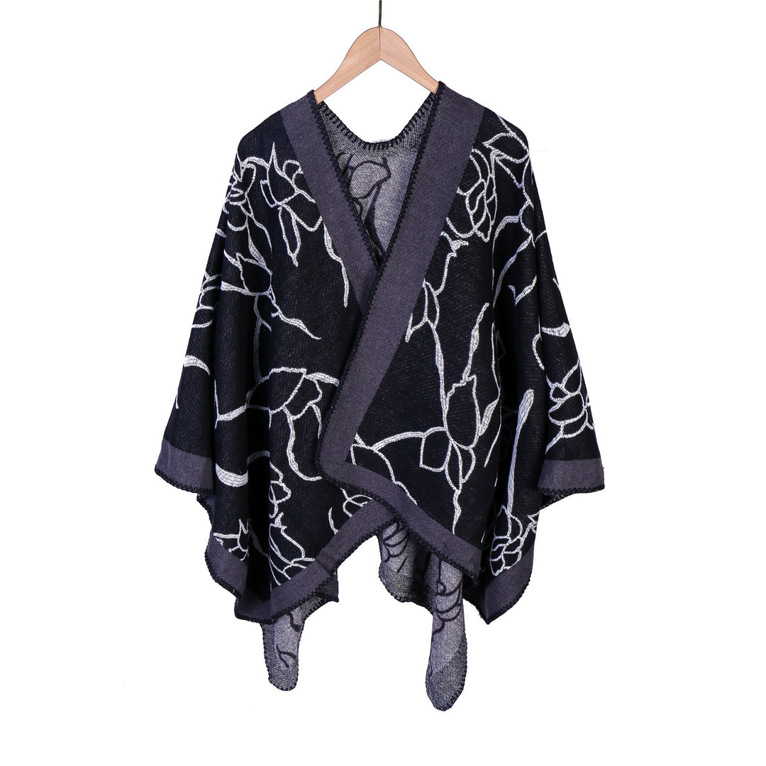 Women Oversize Knit Ruana with Floral Contrast Embroidery Mune Fashion