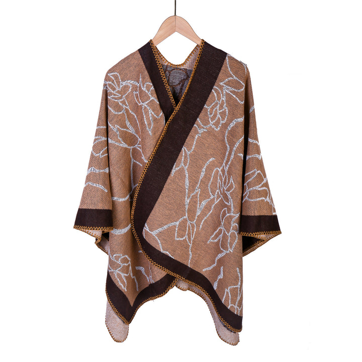 Women Oversize Knit Ruana with Floral Contrast Embroidery Mune Fashion