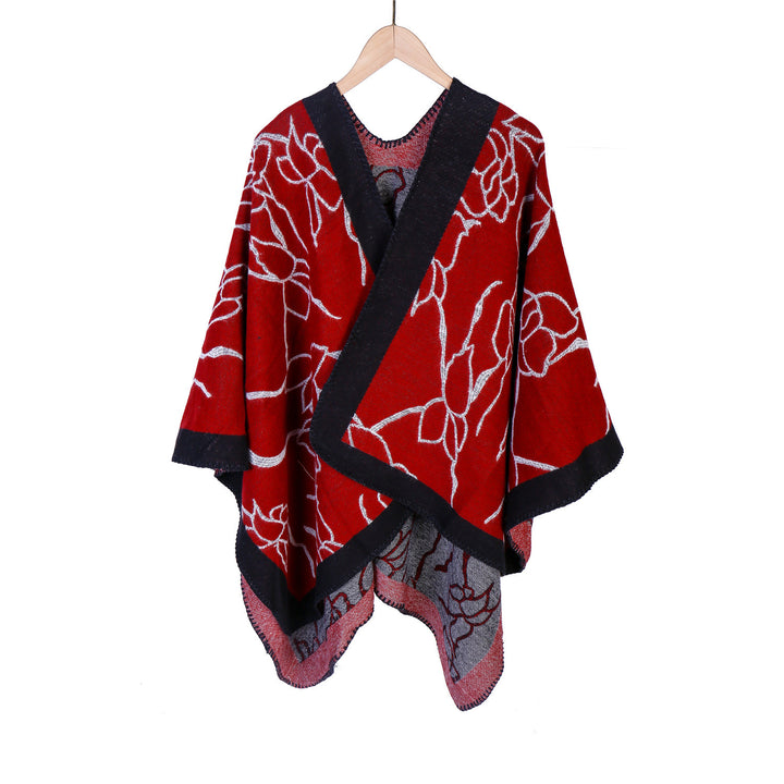 Women Oversize Knit Ruana with Floral Contrast Embroidery Mune Fashion
