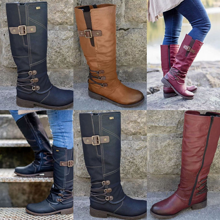 Women's knee-high boots in leather look with adjustable decorative straps and profile rubber sole Mune Fashion